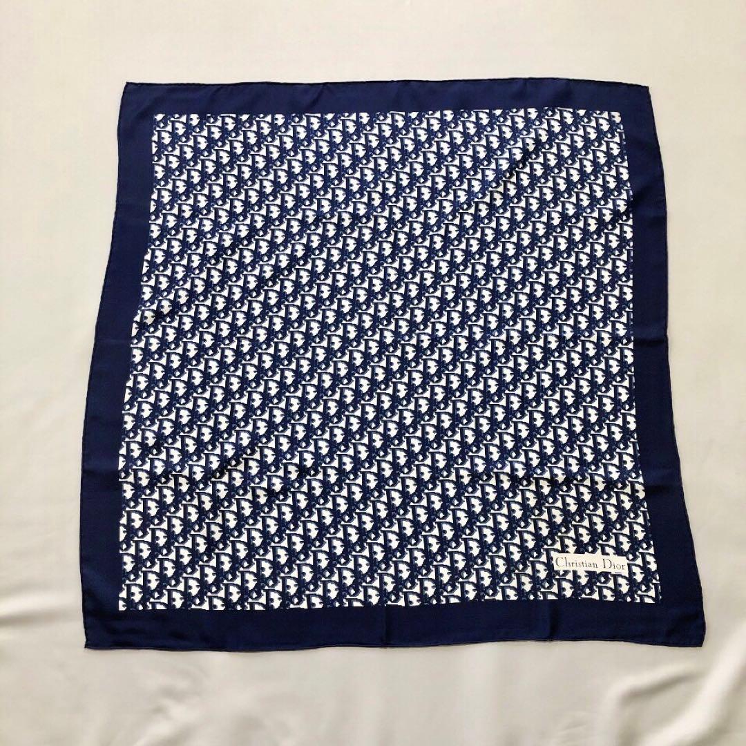 美品】Dior ディオール トロッター柄スカーフ 大判 シルク ブルー