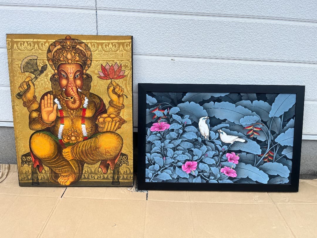 バリ島絵画 鳥 絵画 +ガネーシャ バリアート2点 大型 バリ島絵画 ブンゴセカン 鳥の絵 プルメリア W43×H53cm 花鳥風月 バリ