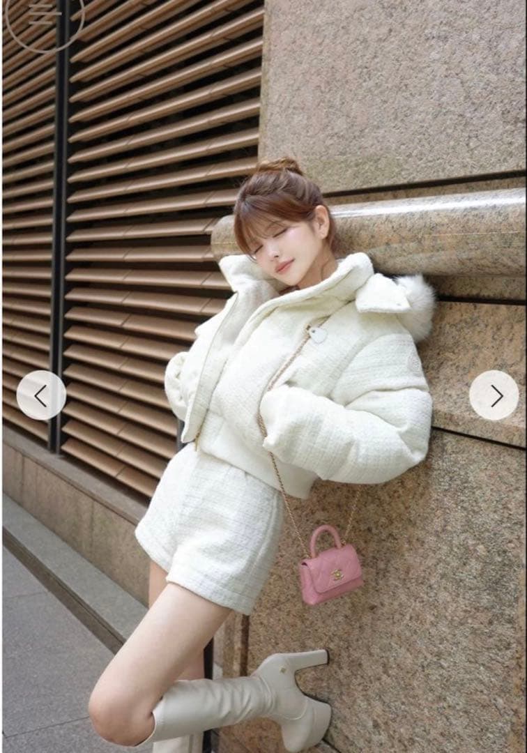 Randy アシンメトリーバックルツイードパデットジャケットS ショート