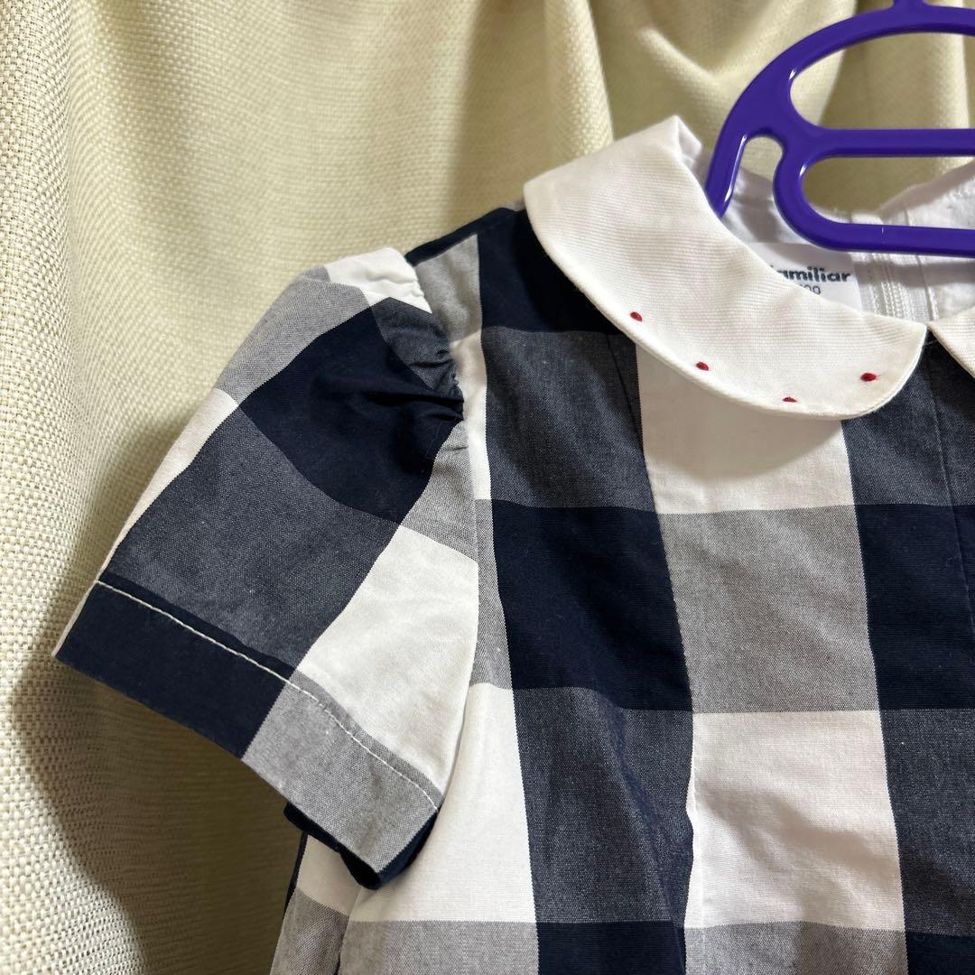 ファミリアストロベリー刺繍つき黒ギンガムチェックワンピース100