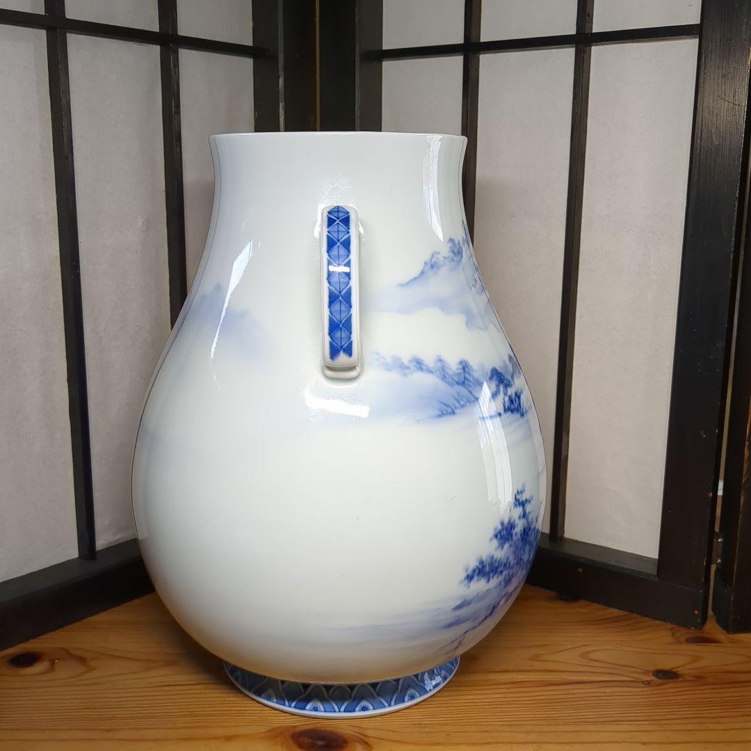 深川製磁 宮内庁御用達 染付 山水図 双耳 大花瓶 壺 1個