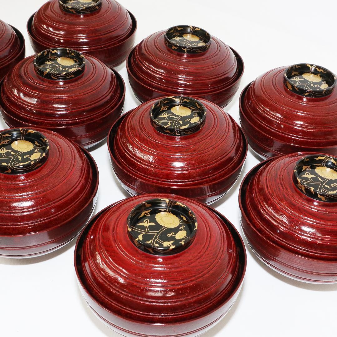 吸物椀 金彩 漆 花 絵 木製 10客 木箱