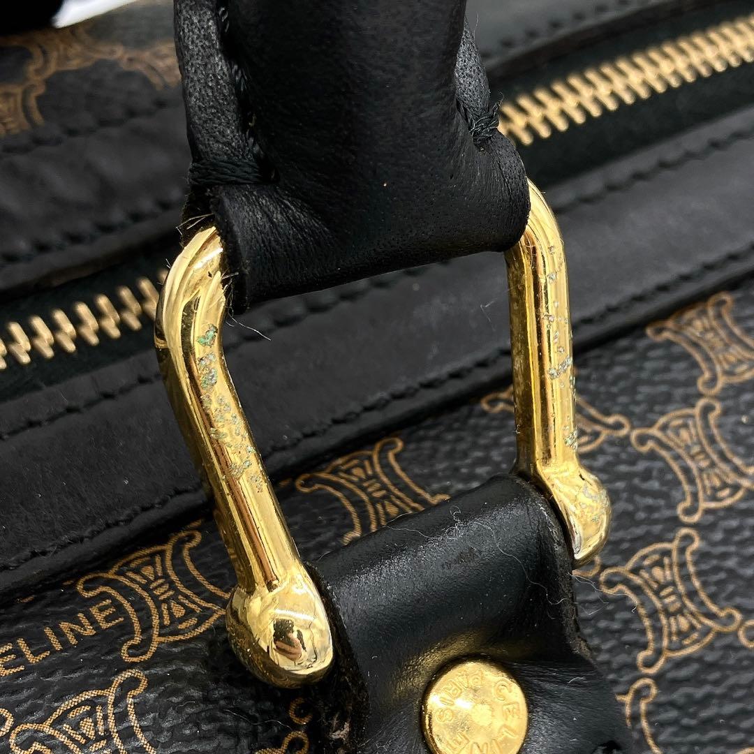 ◯【CELINE】ボストンバッグ マカダム柄 ゴールド金具 PVC ブラック.の