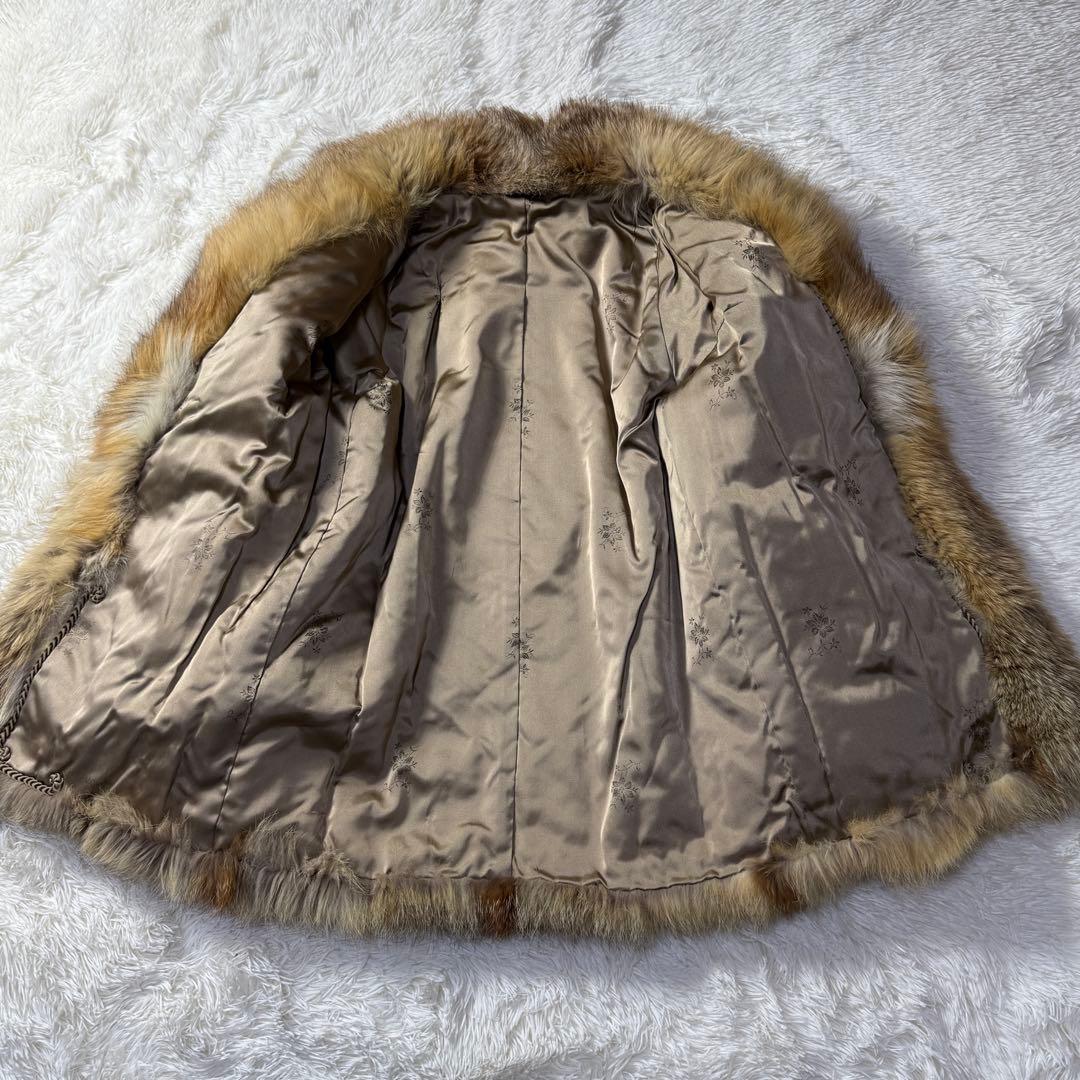 フォックス 本毛皮 ファーコート ミドル丈 レディースM 花柄刺繍