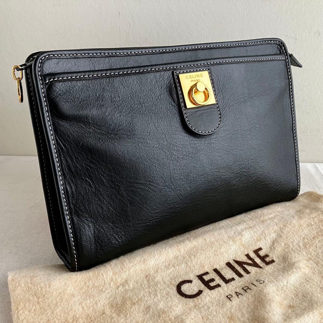 バッグ Celine Vintage Black Leather Pouch Bag CELINE セリーヌ ブラゾン トリオンフ ボタン レザー ポシェット ミニ