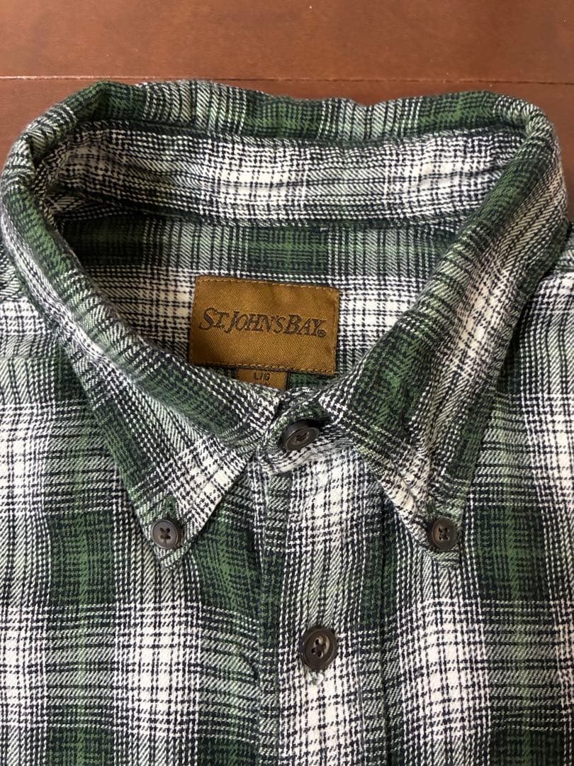 00s ST.JOHN'S BAY好配色オンブレチェック ネルシャツLグリーン系