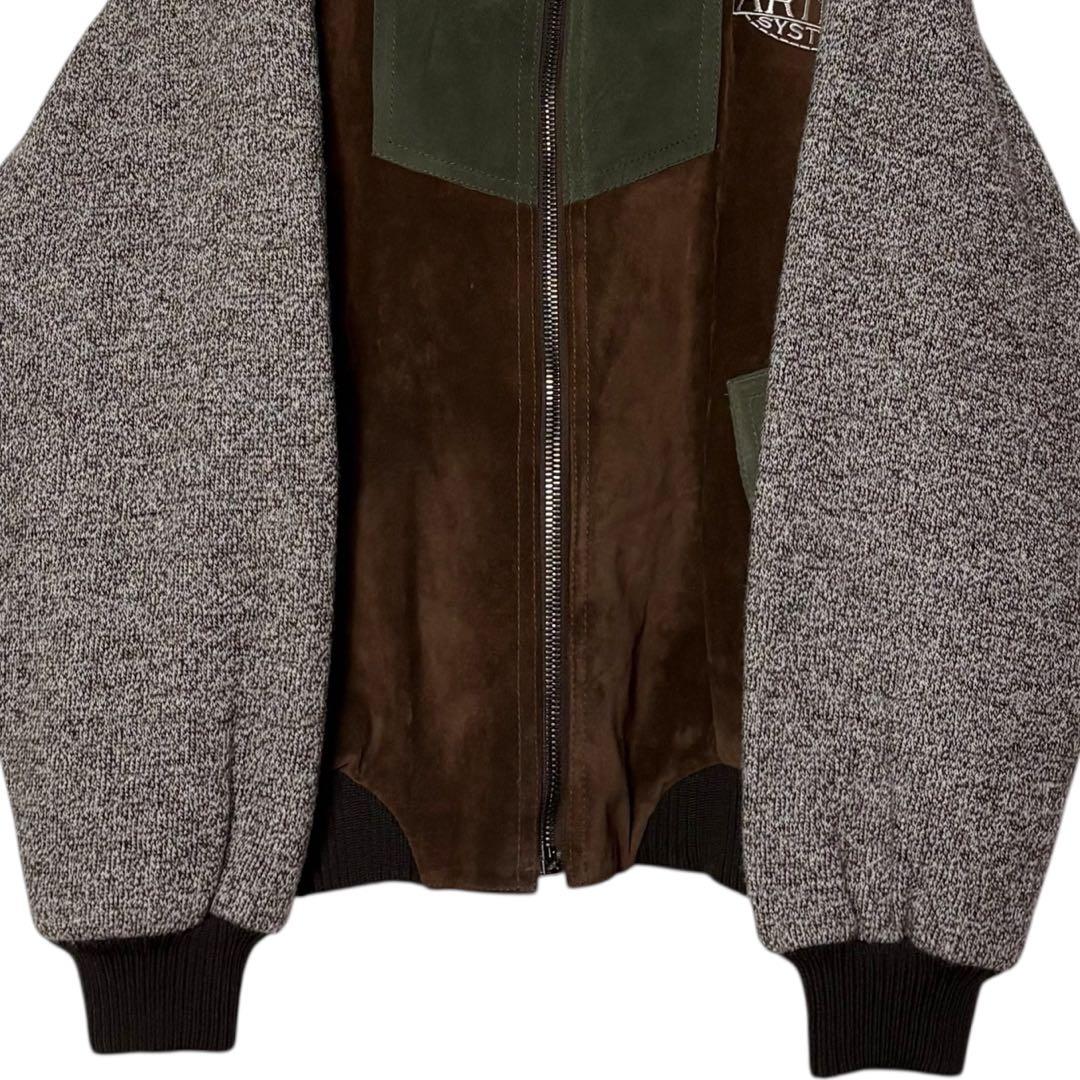 イタリア製 スエードレザージャケット 茶色×緑 XL 切り替えウール