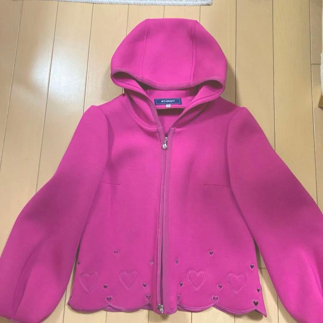 M'S GRACY フード付きピンクジャケット ハート刺繍 Mielボアシリーズ】ハート刺繍くま耳フード付きジップジャケット[品番