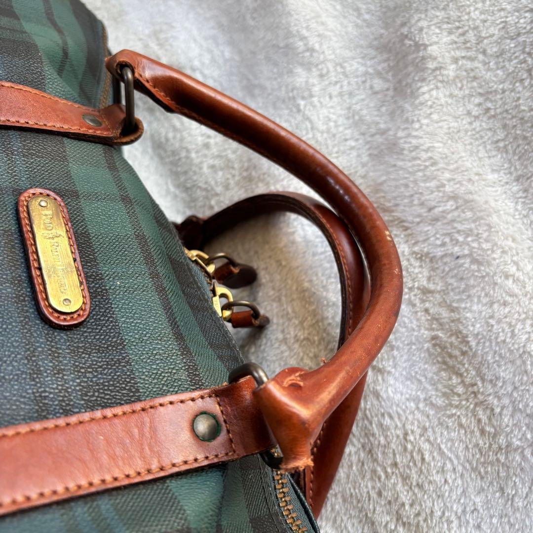 ポロラルフローレン ボストンバッグ 2WAY PVCレザー グリーン チェック