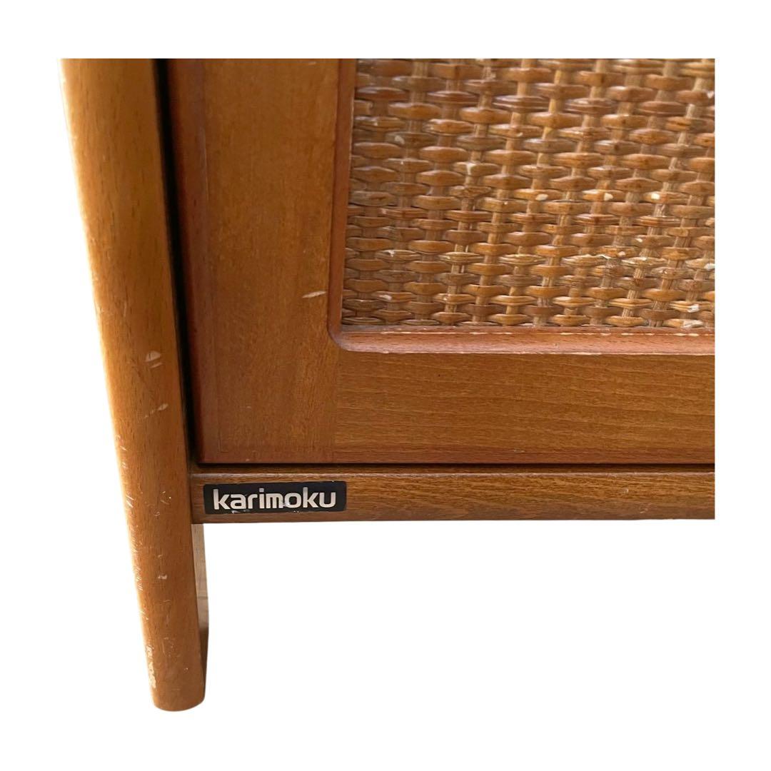 希少 カリモク ラタン 木製電話台・FAX台 引き出し付き 昭和レトロの