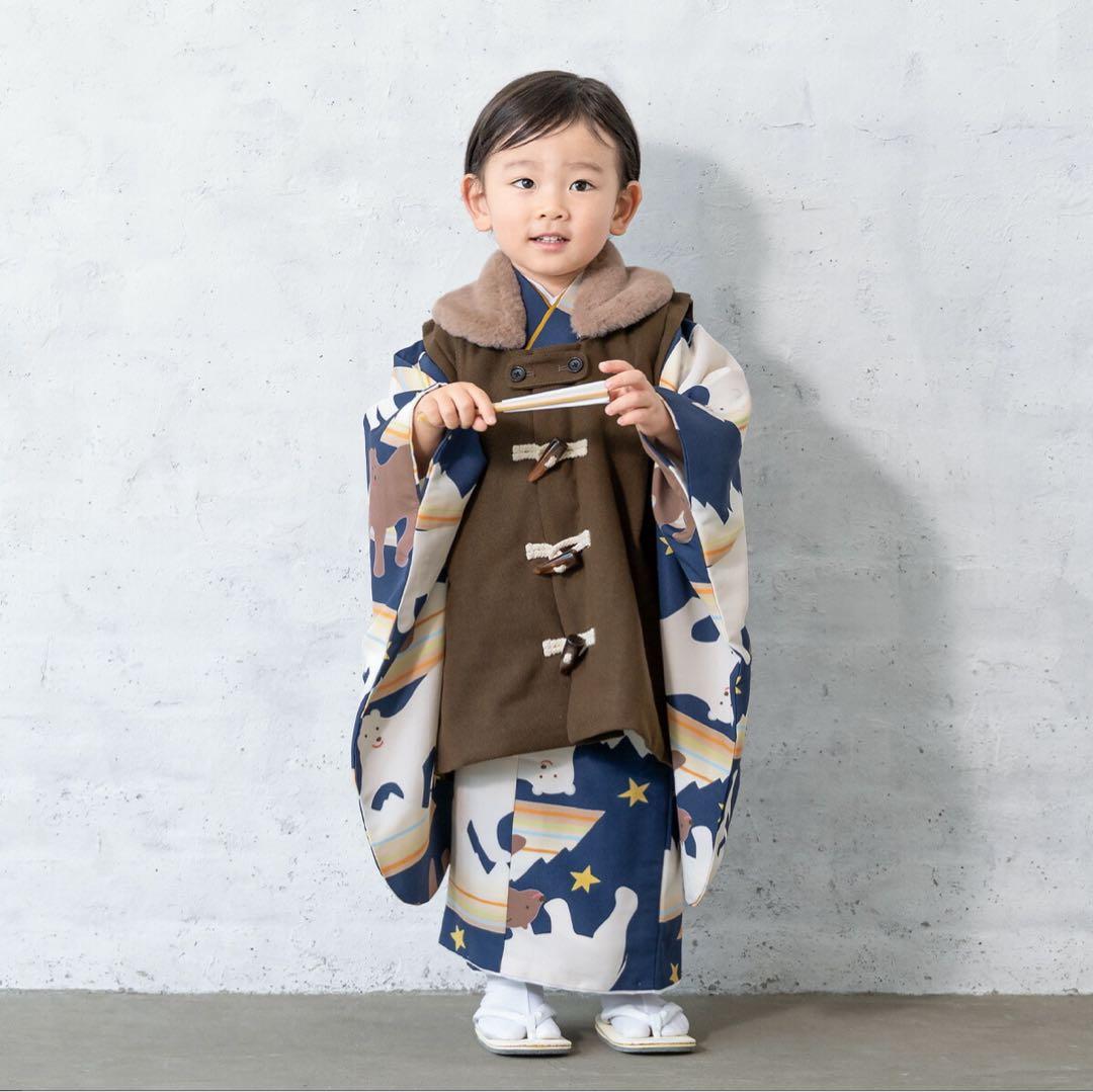 3歳 七五三 男の子 着物 被布 お参り 前撮り セット くま 青 茶 七五三 着物 3歳 男の子 被布セット「紺×水色 葵の丸」日本製 三歳男児