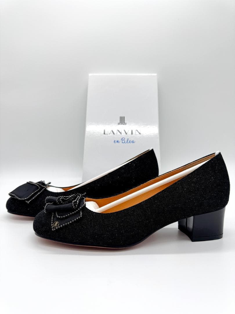 ハナ ランバン リボン スクエアトゥ パンプス ブラック 22.5cm