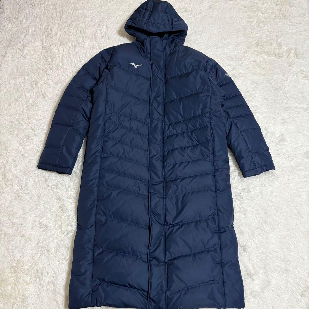 Mizuno ベンチコート ロング ダウン90% フード付 男女 ネイビー XL 美品】MIZUNO ミズノ ベンチコート XLサイズ ネイビー ダウン90