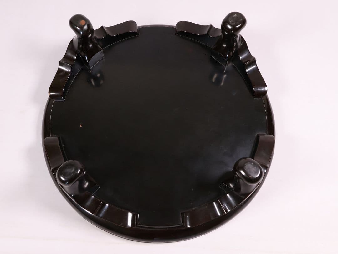 木製 漆塗 古い黒塗丸卓 39.5cm 花台 香炉台 丸形 猫足【MA612】