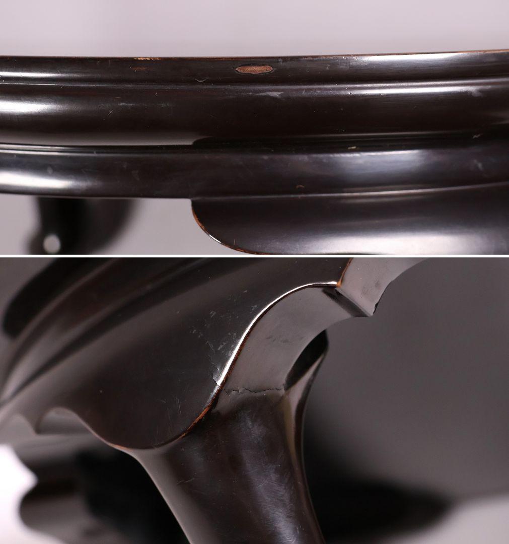 木製 漆塗 古い黒塗丸卓 39.5cm 花台 香炉台 丸形 猫足【MA612】