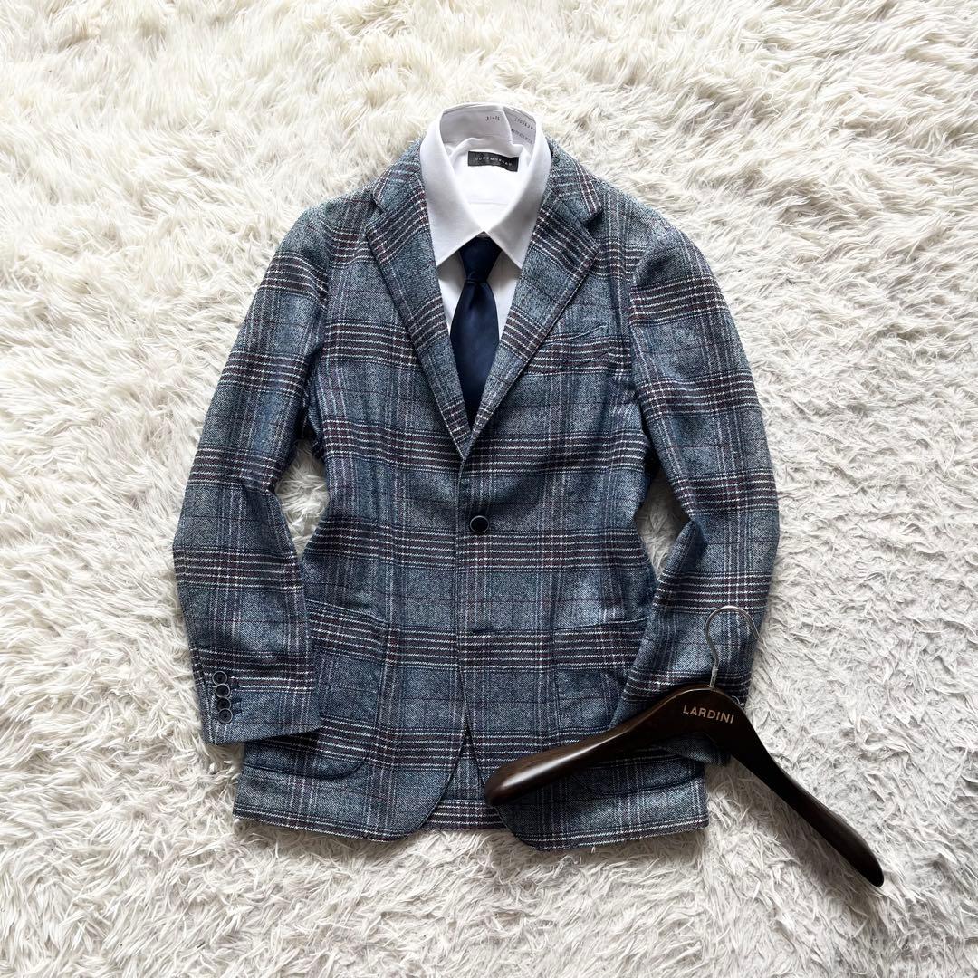 <美品>LARDINI ブルー コットンリネン ジャケット サイズ44 LARDINI (ラルディーニ) コットンリネン シングル ニット ジャケット