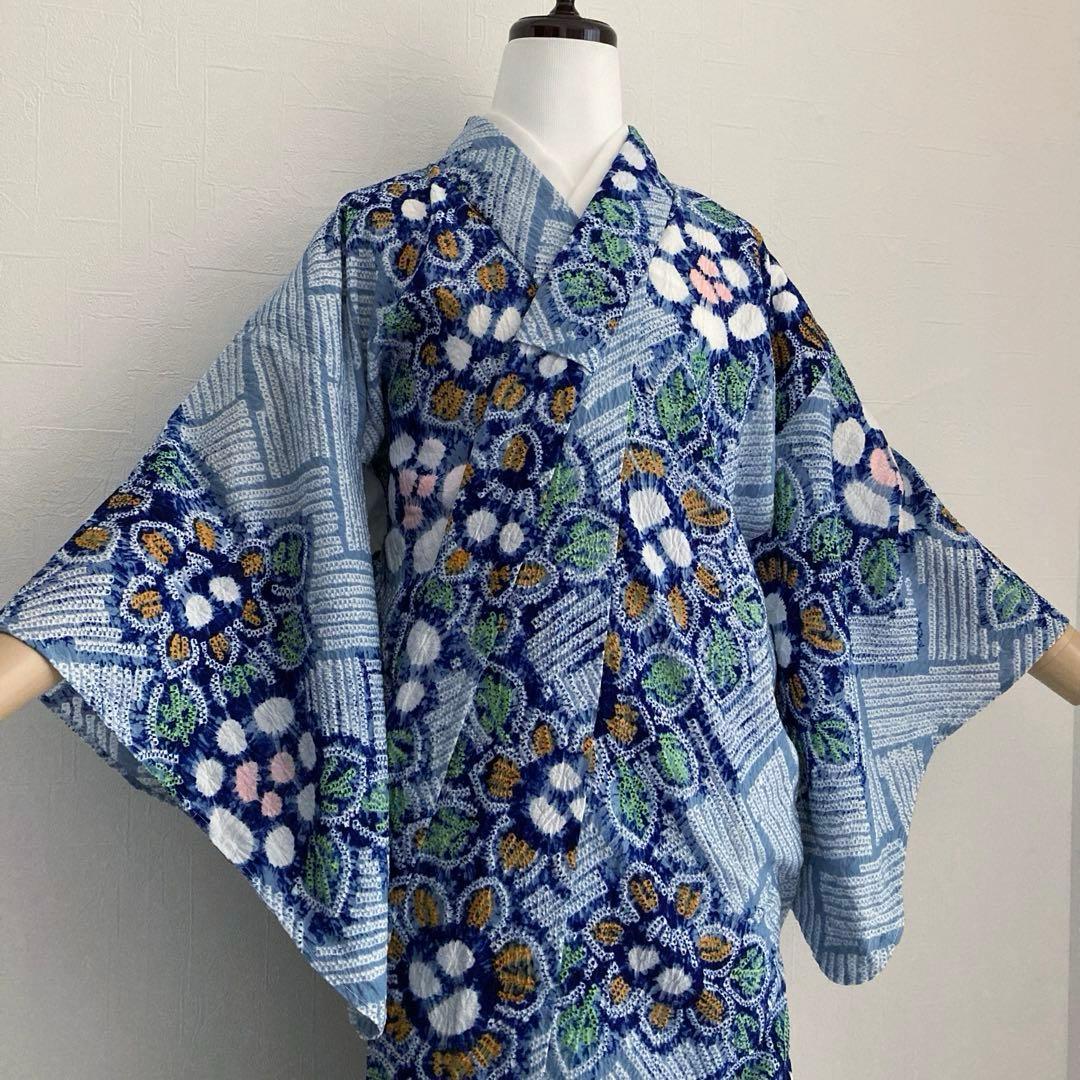 専用みかん24様　有松絞り浴衣・有松鳴海絞り浴衣　花繋ぎ　手縫い　No.7-65