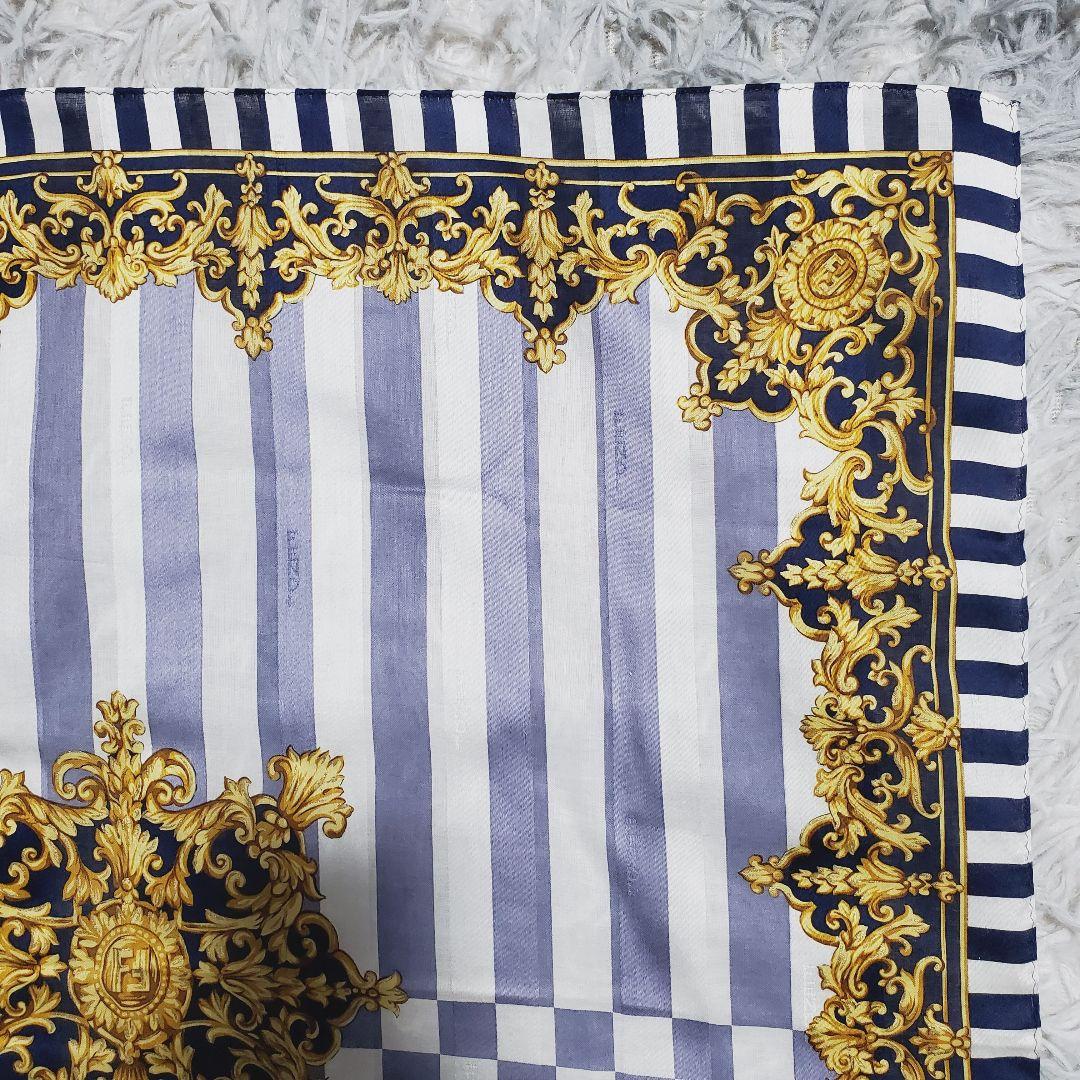 美品 FENDI スカーフ ズッカ バロック調 ストライプ 大判 57cm 紺