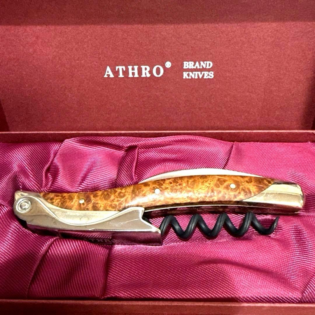 ATHROソムリエナイフ 左利き用花梨コブ木製ハンドル日本製高級ワインオープナー ソムリエナイフ ワインオープナー ダマスカス ATHRO アスロ 日本製