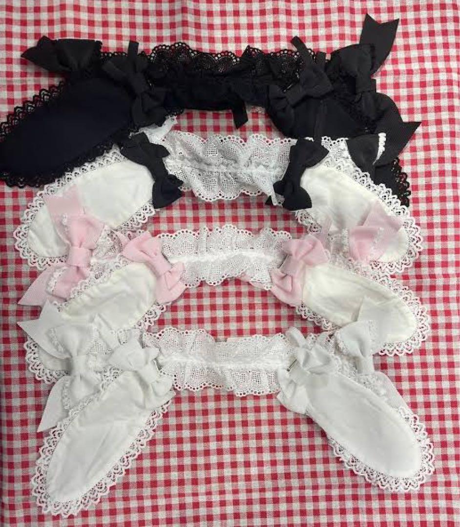 ♡うさくみゃちゃんのうさみみヘッドドレス♡黒×オフ白レース×黒リボン♡ ♡うさくみゃちゃんのうさみみヘッドドレス♡黒×オフ白レース×黒