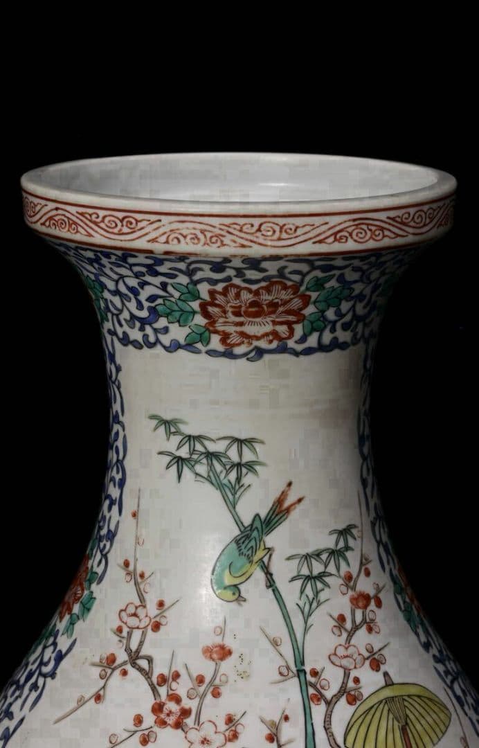 色絵傘人物文花瓶 高さ37cm 花鳥図 花瓶 花入 花器 壺 置物