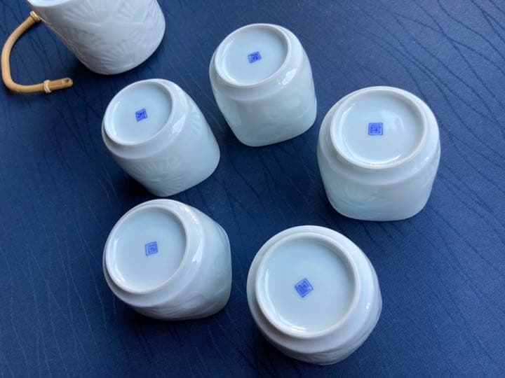 三川内焼 平戸窯悦山 嘉久房窯 太白磁 扇紋土瓶 茶器揃 急須 湯呑み