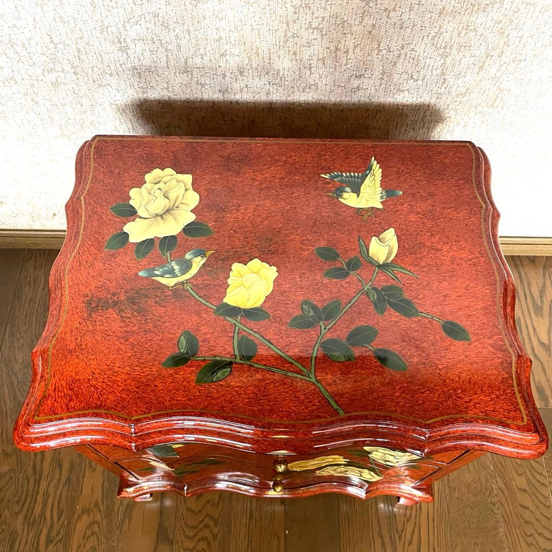 ヴィンテージ・キャビネット】40X56X58 赤花と鳥の装飾箪笥 アジアン