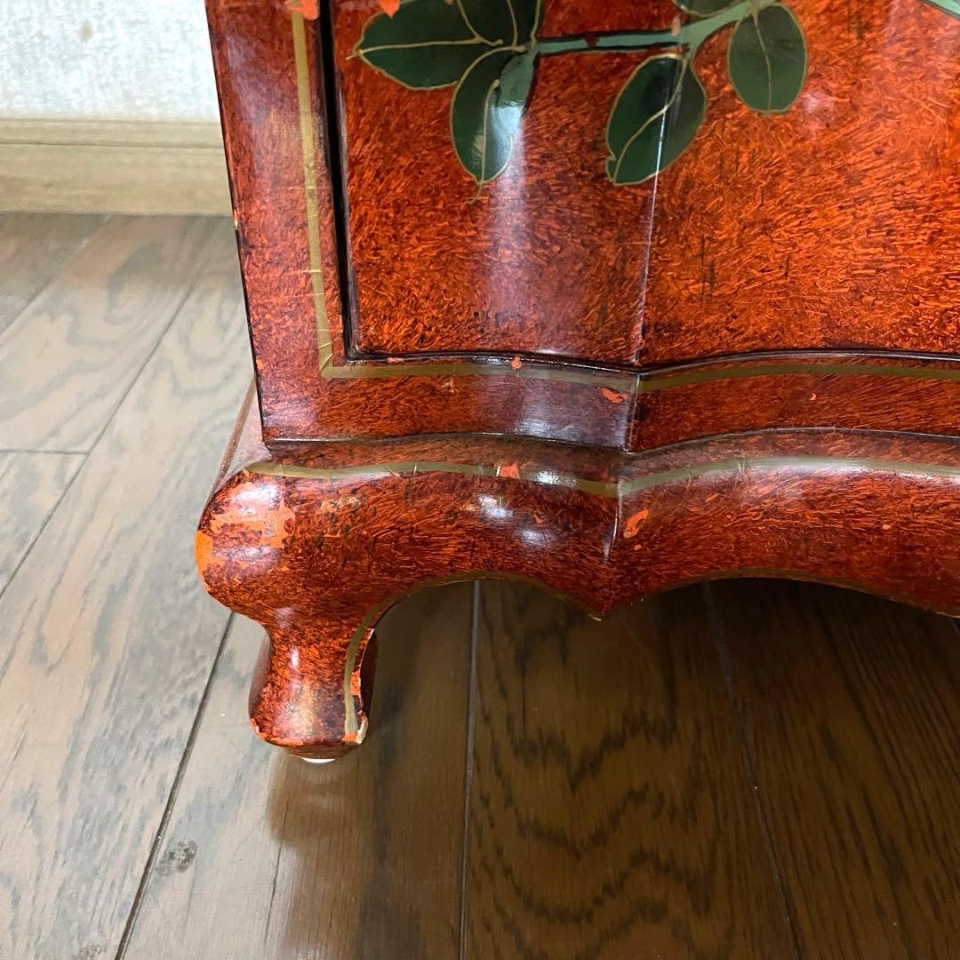 ヴィンテージ・キャビネット】40X56X58 赤花と鳥の装飾箪笥 アジアン