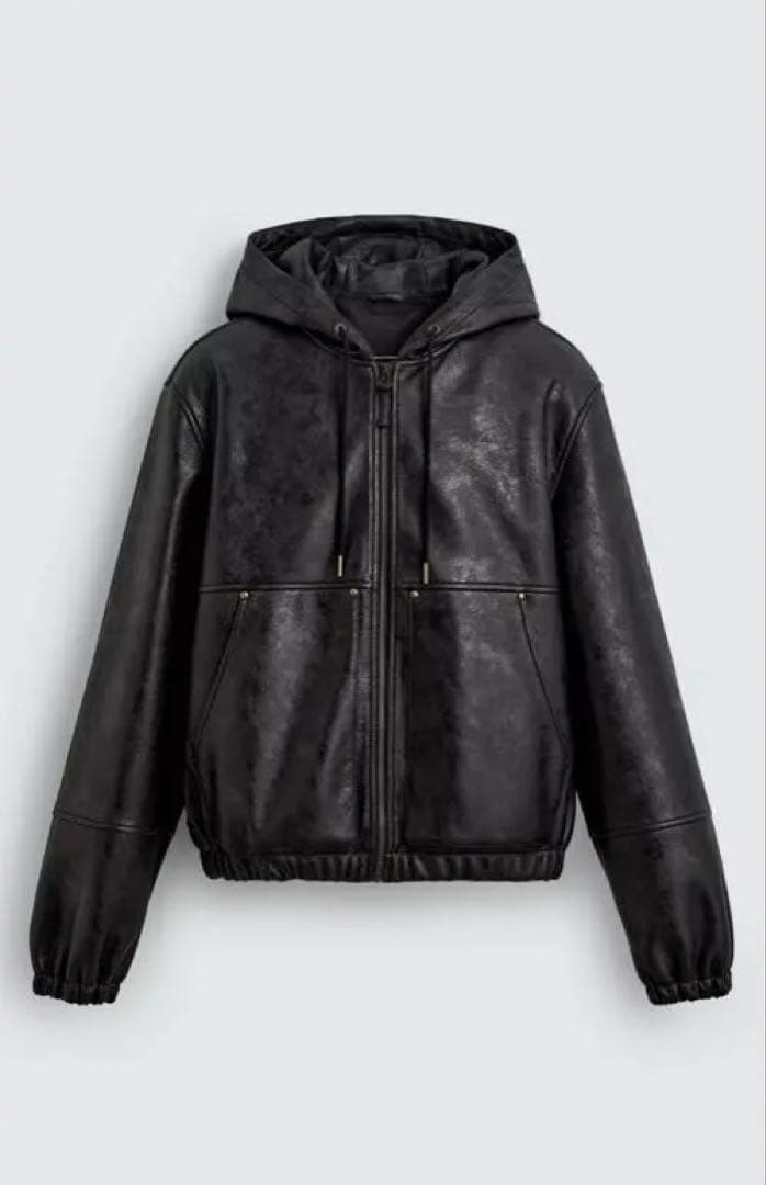 ZARA フェイクレザー　フード付きジャケット ZARA】コントラストフード付きフェイクレザー ジャケット (ZARA/レザー