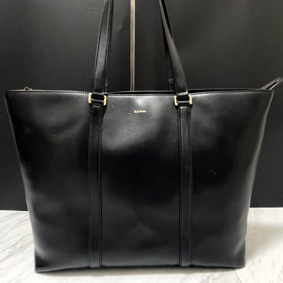 ポールスミス トートバッグ マルチストライプ レザー 黒 A4◎