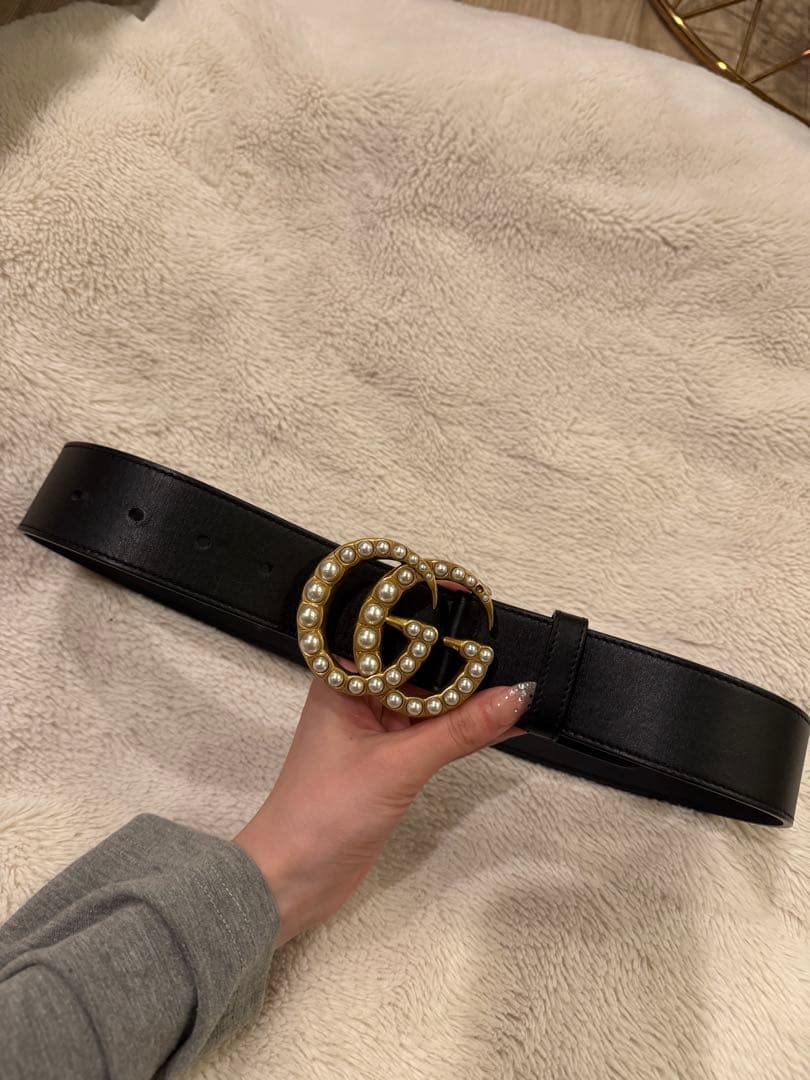 GUCCI ブラックレザーベルト パールバックル パール付き ダブルG ワイド ベルト ・ブラック レザー | GUCCI公式