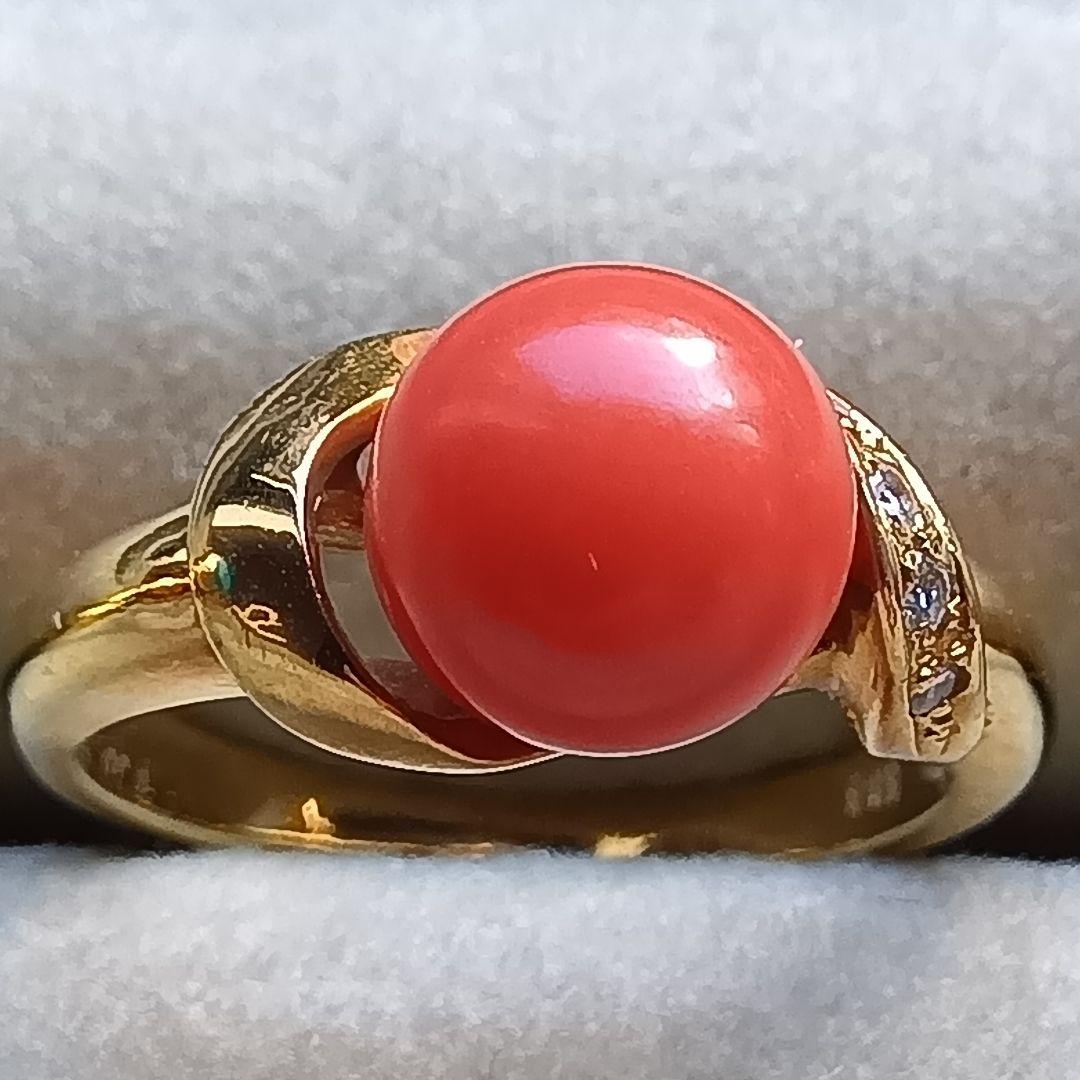 赤サンゴ珊瑚径８ミリ付　リングK１８　内径約１６mm重量合計４.６g 楽天市場】K18 天然 血赤珊瑚 & ダイヤモンド リングジュエリー ダイヤ