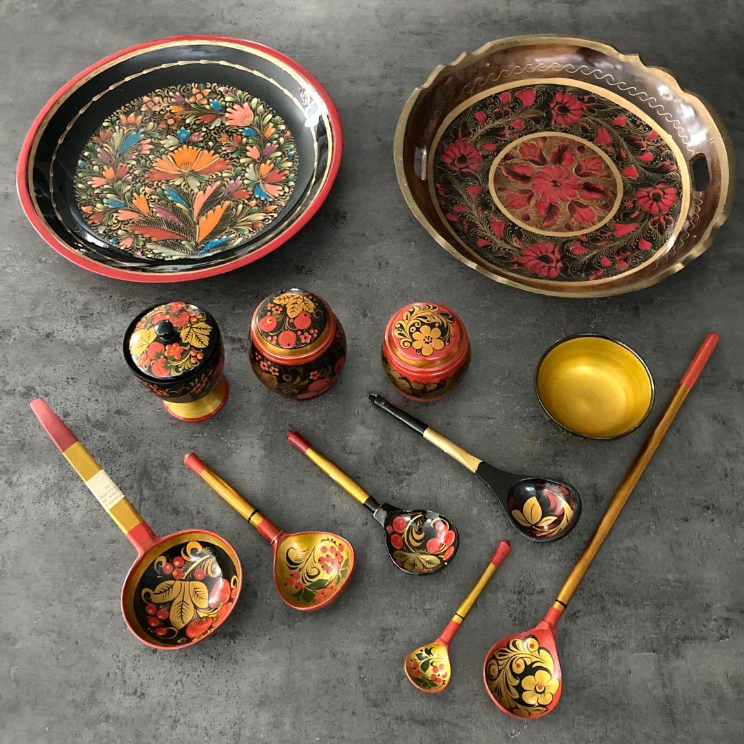 ロシア伝統工芸品 ホフロマ塗り 漆器 トレイ 小物入れ 食器 12点セット ホフロマ塗り サモワール ロシア 民芸品 茶器セット ミニチュアの通販