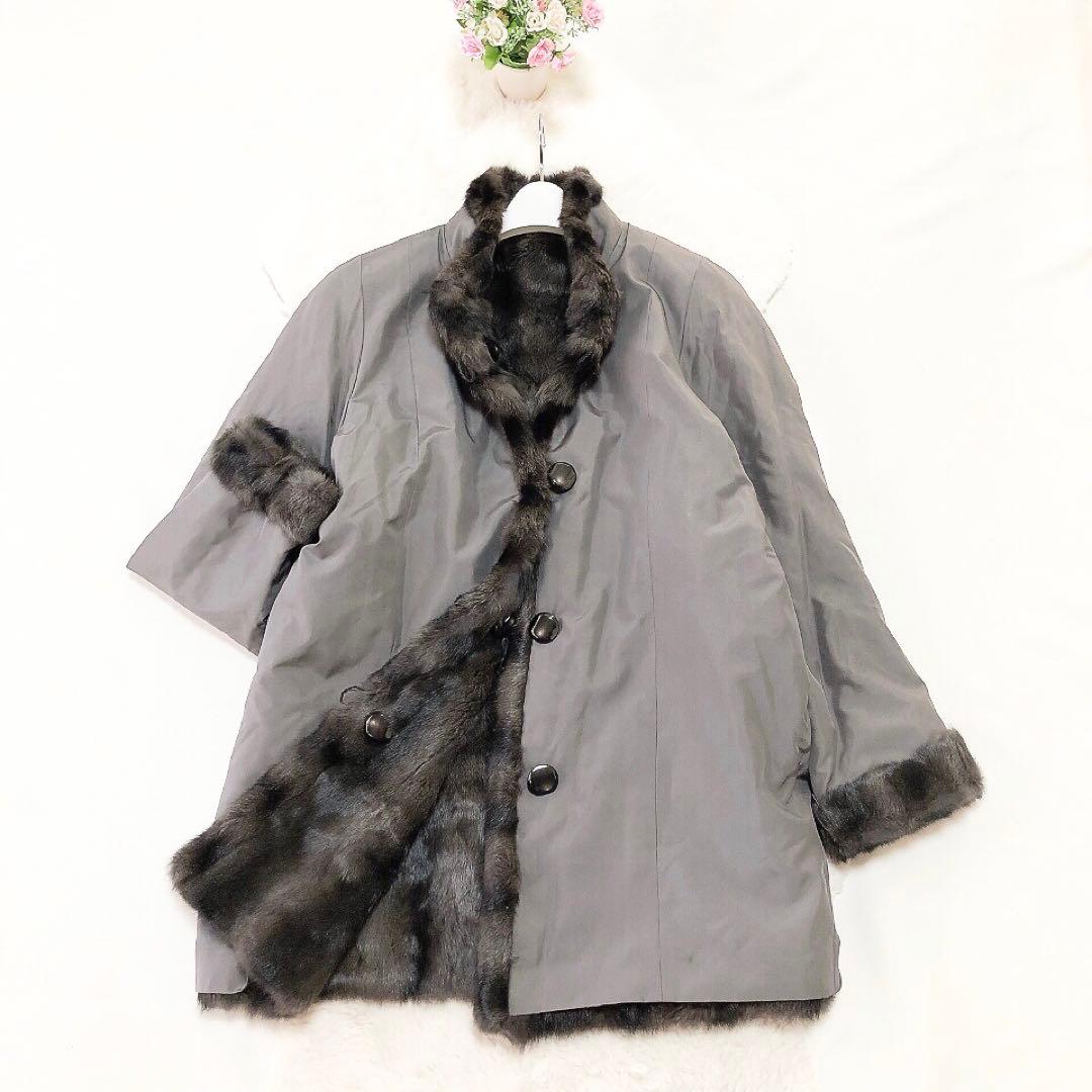 リバーシブルリスファーコート　リアルファー　毛皮　2way　グレー 送料無料 ロシアリスファー リアルファー 毛皮 2WAY リバーシブル