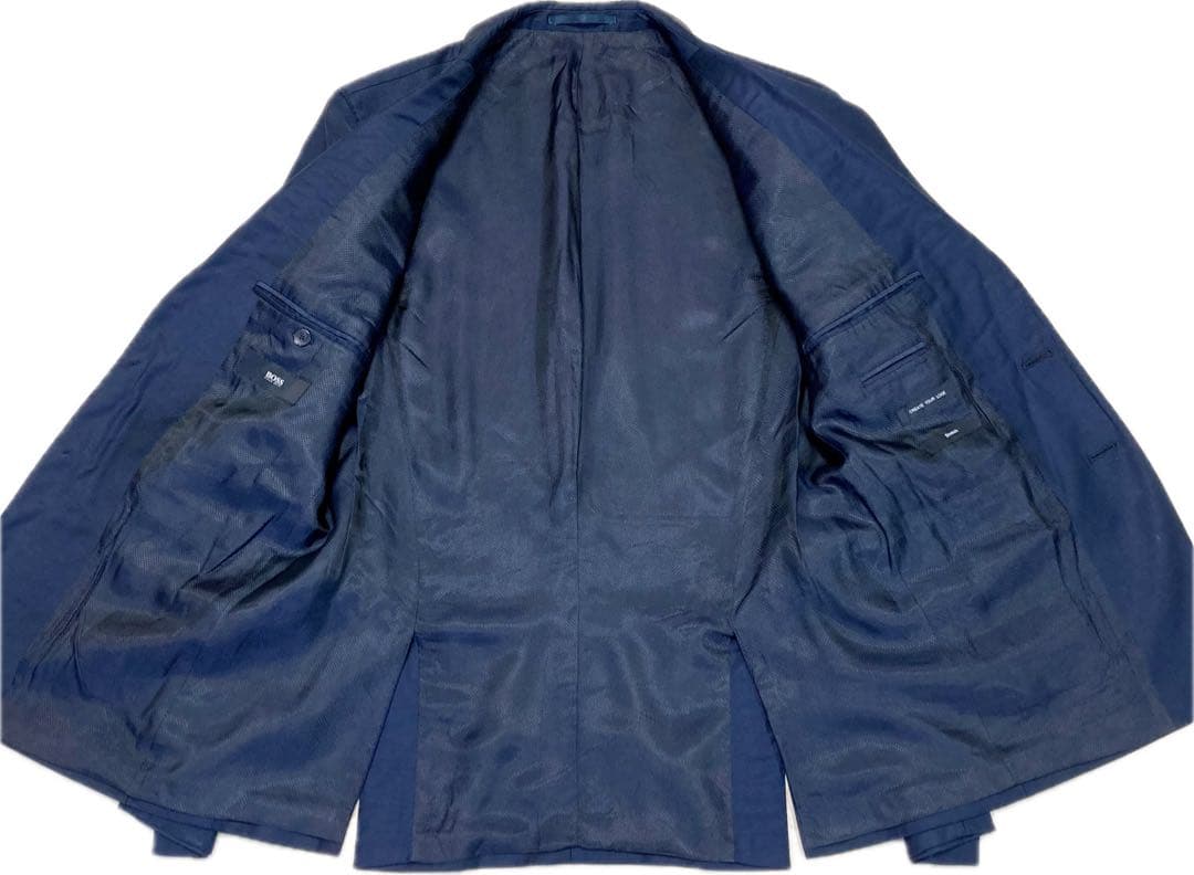 美品☆ヒューゴボス♂ストレッチウールシングル2Bスーツ☆微光沢濃紺
