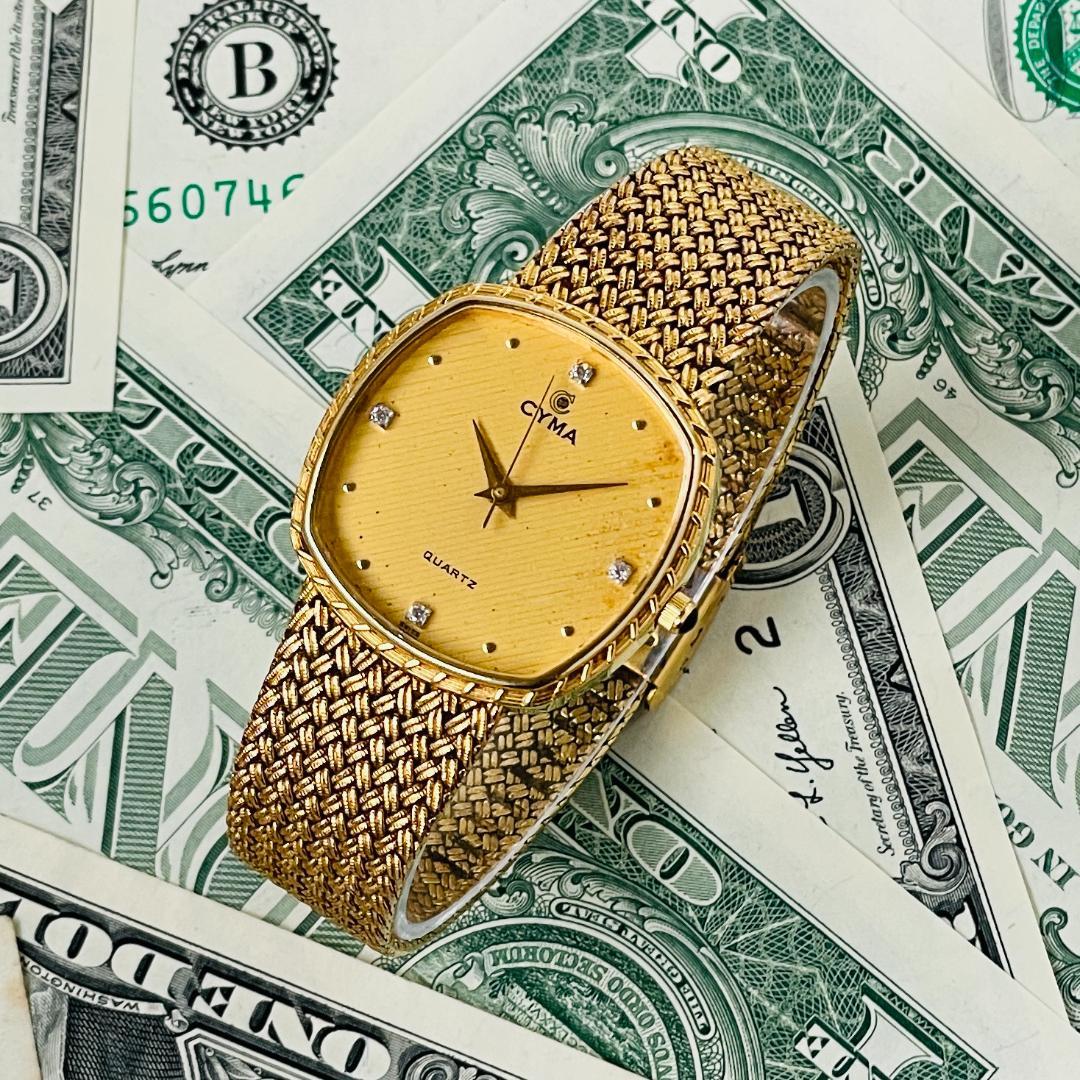 腕時計メンズ不動シーマCYMAクォーツ金ゴールド文字盤スイス製ジャンク