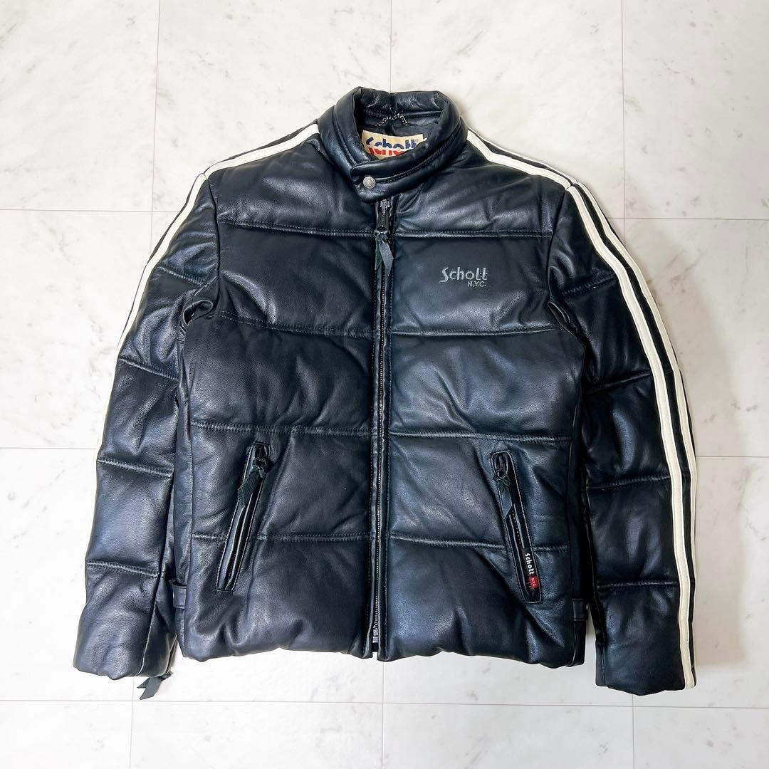 極美品》schott ラムレザーダウンジャケット 羊革 袖ライン ブラック L