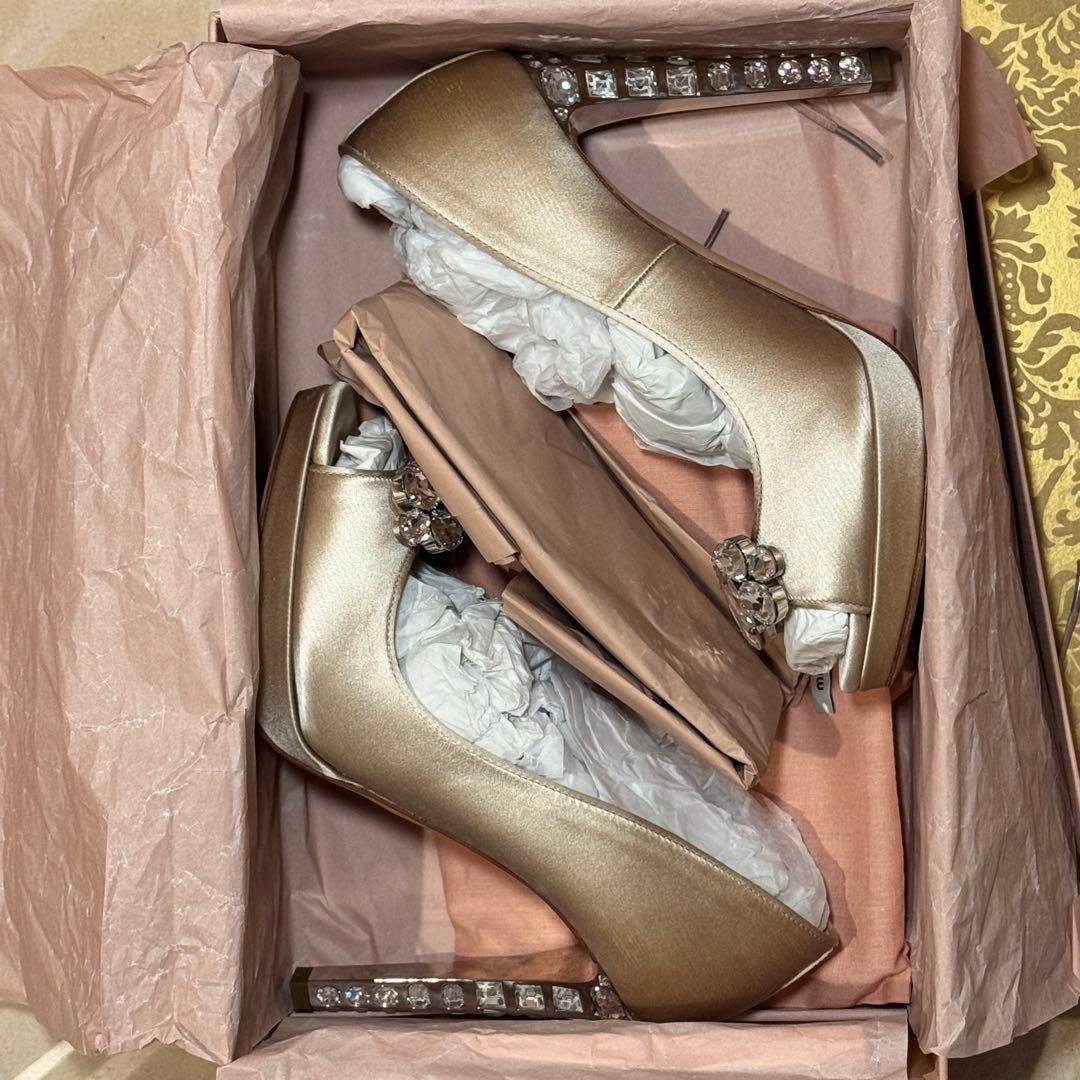miumiu シルクサテン 37 23.5〜24ビジューオープントゥハイヒール