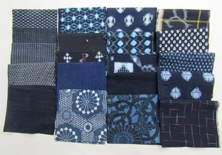 古布藍染木綿 059 無地 絣、型染め、縞などのはぎれ20種20枚セット