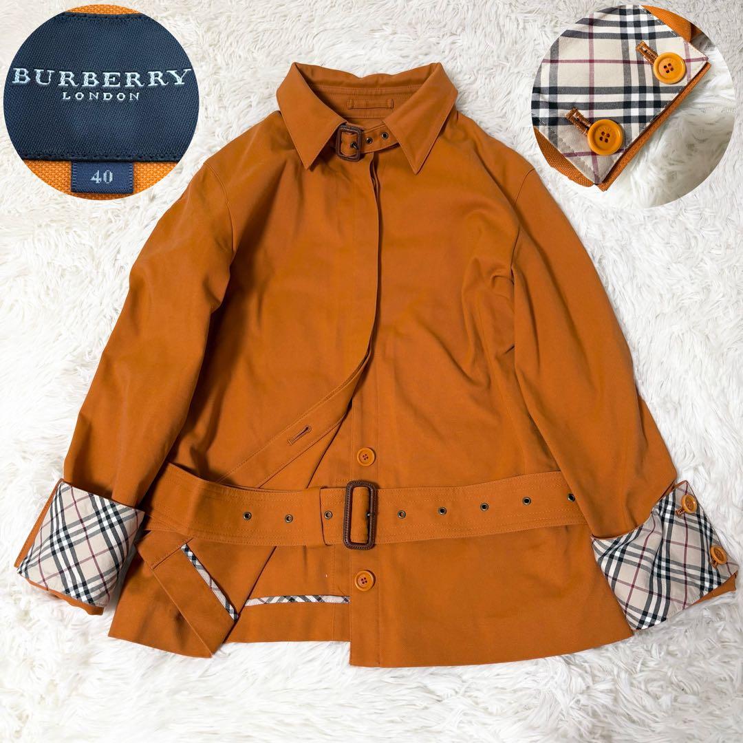 バーバリーロンドン 希少カラー オレンジ トレンチコート ノバチェック 本革 BURBERRY LONDON トレンチコート カシミヤ混 シャドウチェック