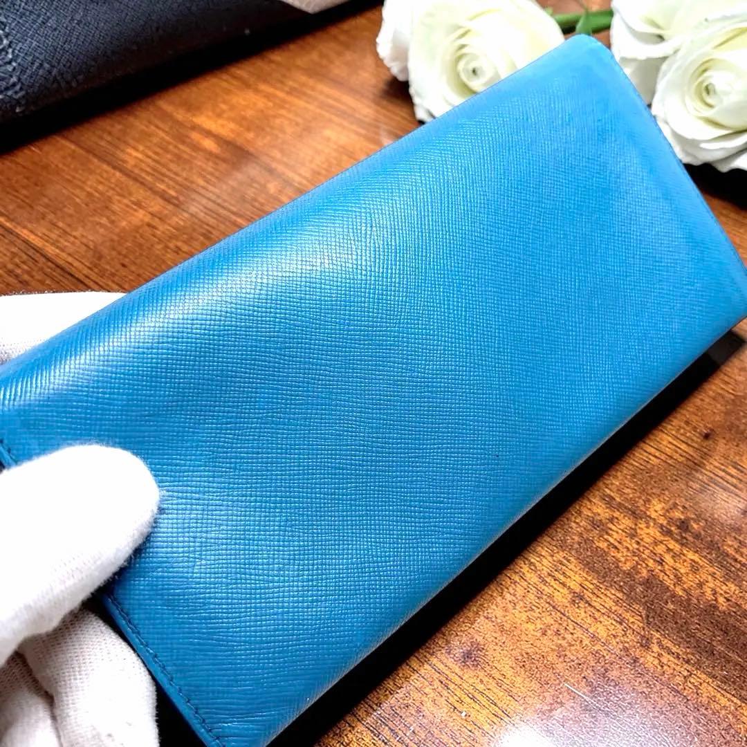 良品 PRADA プラダ サフィアーノ レザー 長財布 ブルー 三角プレート