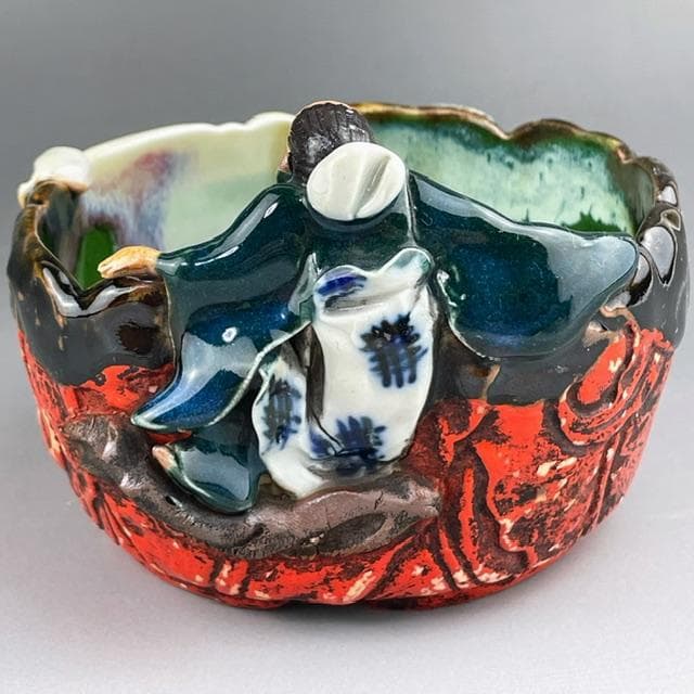 希少】隅田焼 高浮彫人物立体造形焼物 明治期 ボウル トレイ 深皿 井上