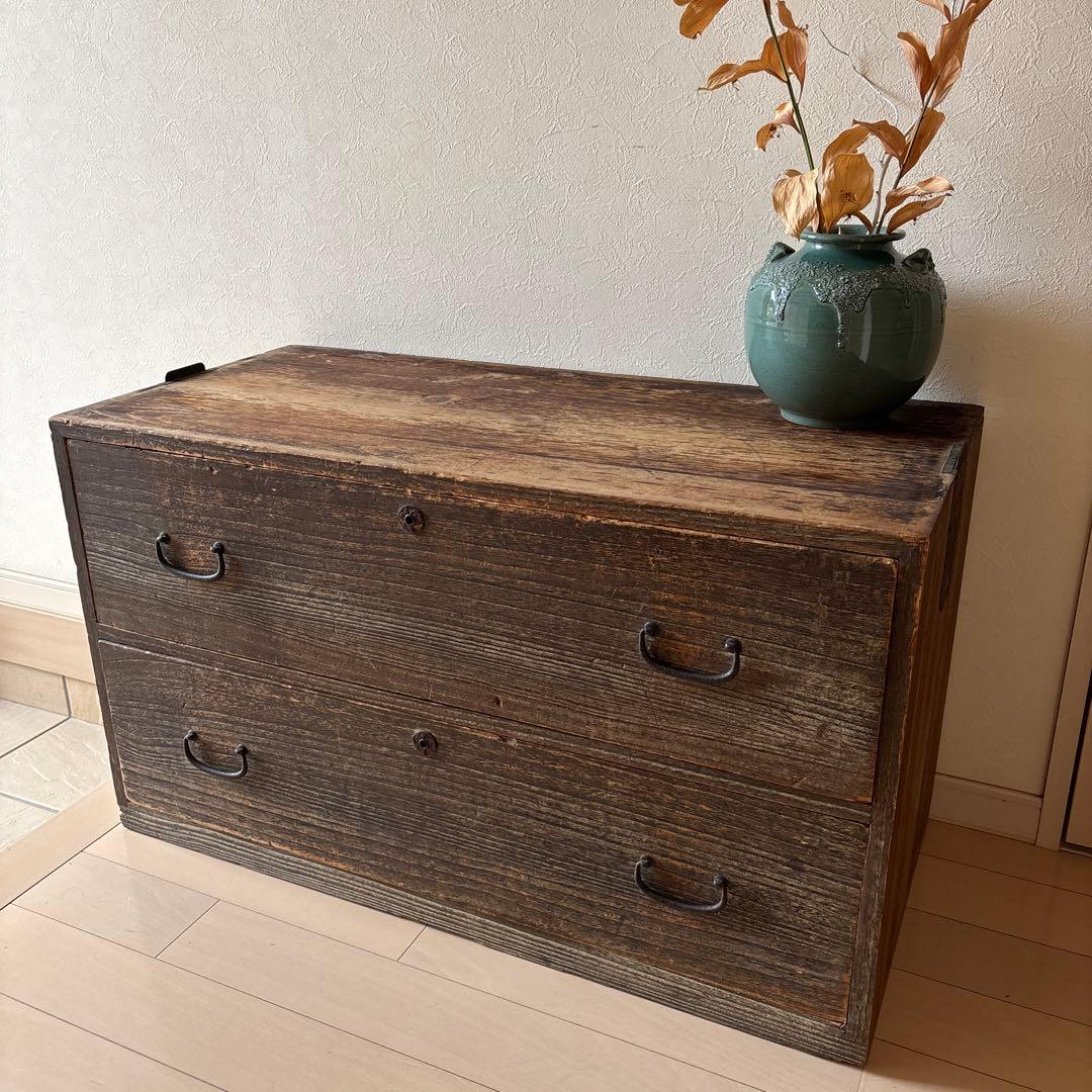 木製アンティーク箪笥 ダークブラウン 2段引き出し　昭和　レトロ チェスト 天然木 箪笥 洋服 アンティーク 幅80 奥行40 高さ75 木製
