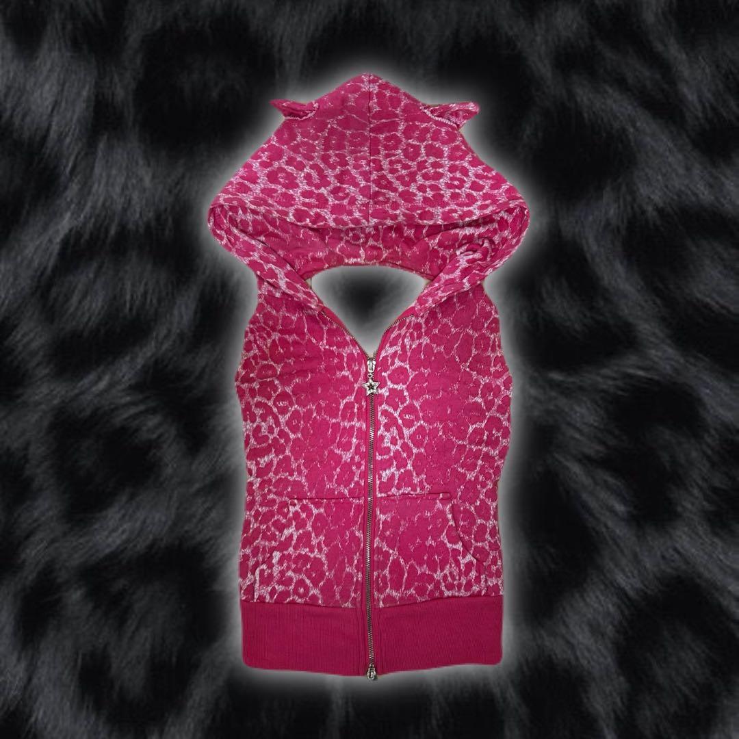 y2k 平成ギャル JSG ピンク ヒョウ柄 耳付きノースリーブパーカー