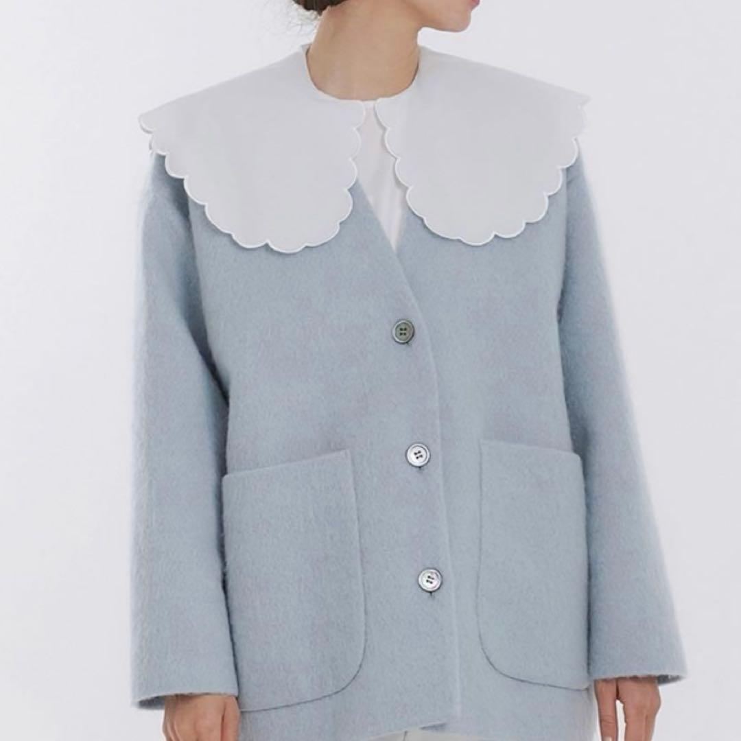 yori】ウールモヘアシャギージャケット ライトブルー ノーカラー v