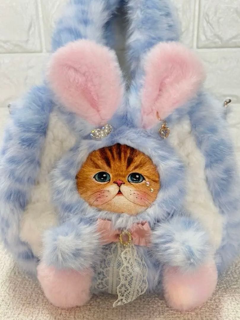 黒*こ様 コヤンイサムチョン　ファーバッグ　ヒョウ柄水色　うさちゃん Wフリル&ブルーのお花が可愛い❤黒猫ちゃんトートバッグ。コヤンイサム