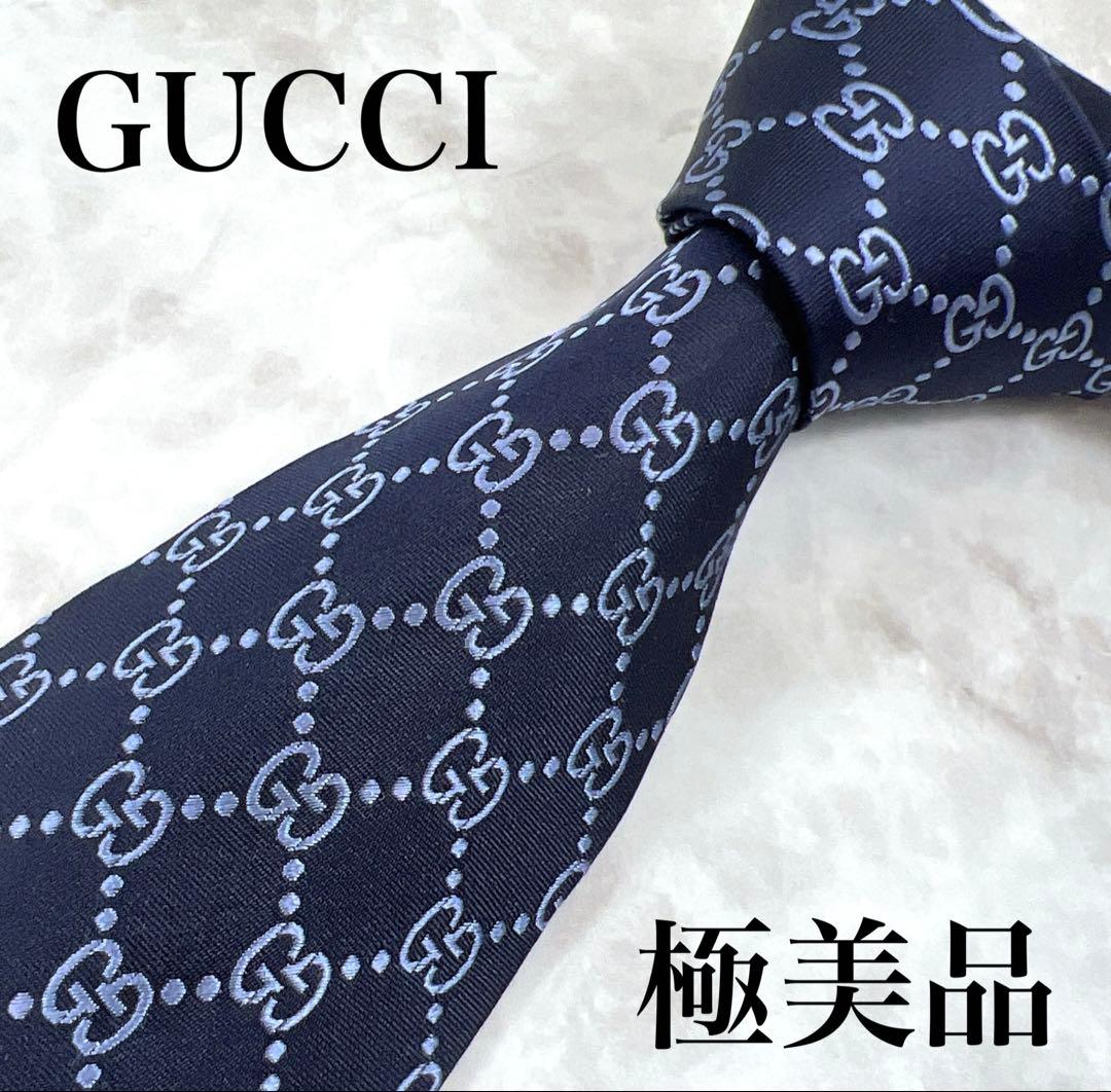 極美品✨GUCCI グッチ ネクタイ GG ネイビー GUCCI グッチ ネクタイ ネイビー GG柄 総柄 シルク 高級感 イタリア製