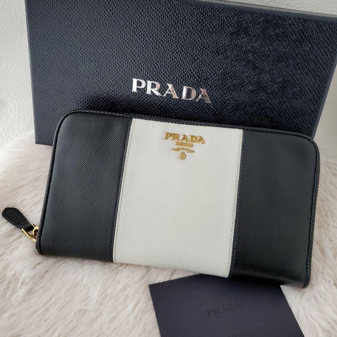PRADA　長財布　バイカラー　ラウンドファスナー　ホワイト×ブラック　プラダ 楽天市場】プラダ PRADAラウンドファスナー長財布オーガナイザー 三角
