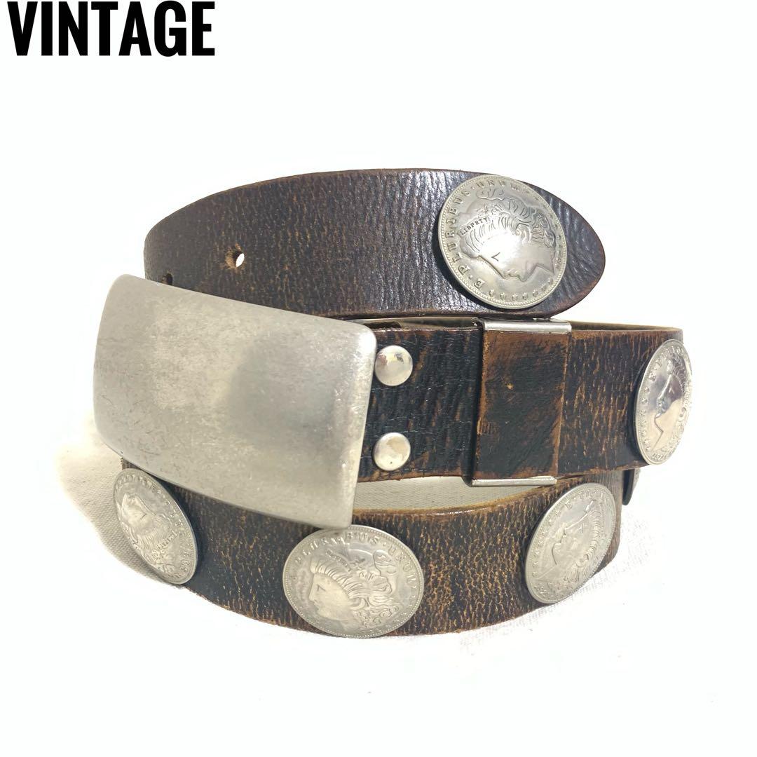 00s 13連 モルガン コンチョ レザーベルト ヴィンテージ Y2K モルガンコンチョベルト 1921年製 13個 バックルシルバー925製セット