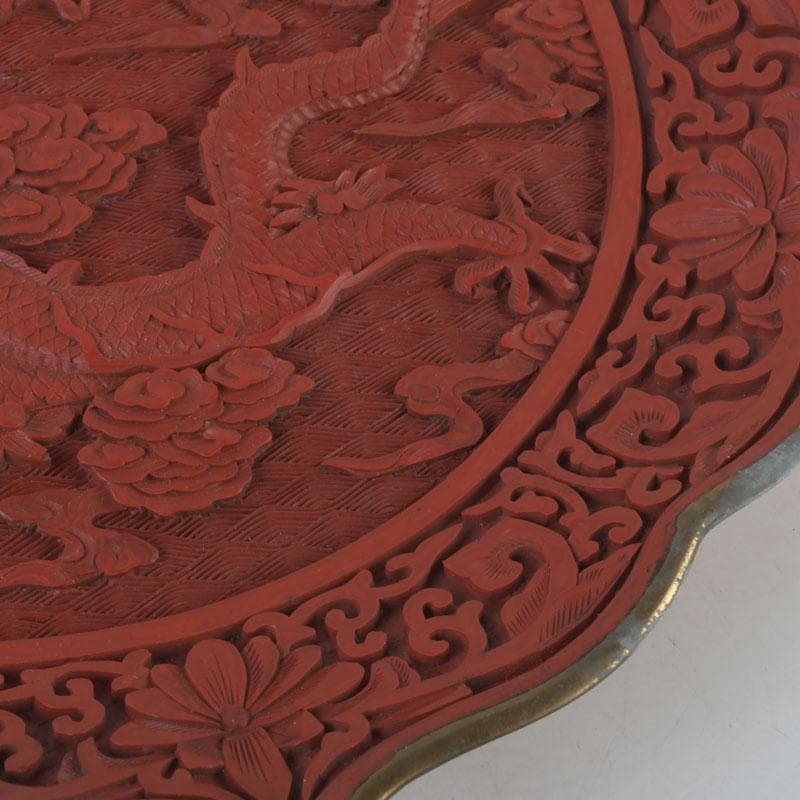 中国 剔紅 堆朱 雲龍文盤 輪花皿 飾皿 皿立付 M